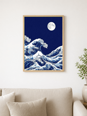 Moonlit Great Wave Wall Art Print - wood framed poster