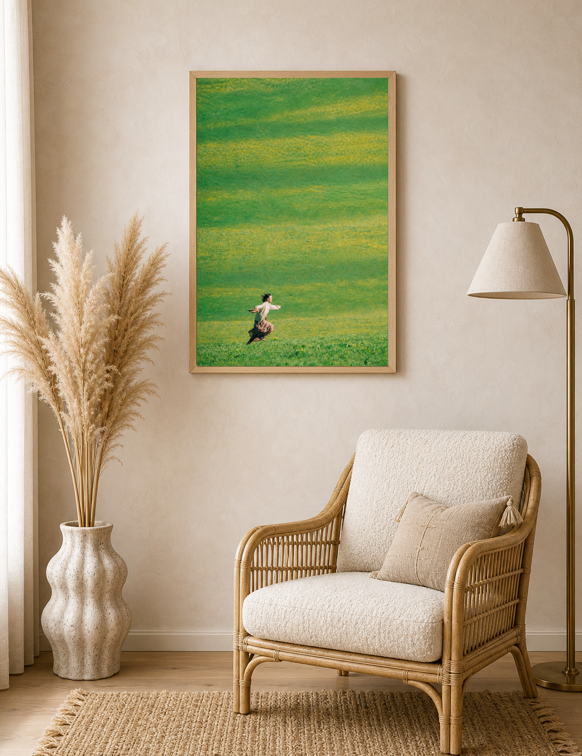 Woman Running in Green Field Wall Art Print - wood framed poster