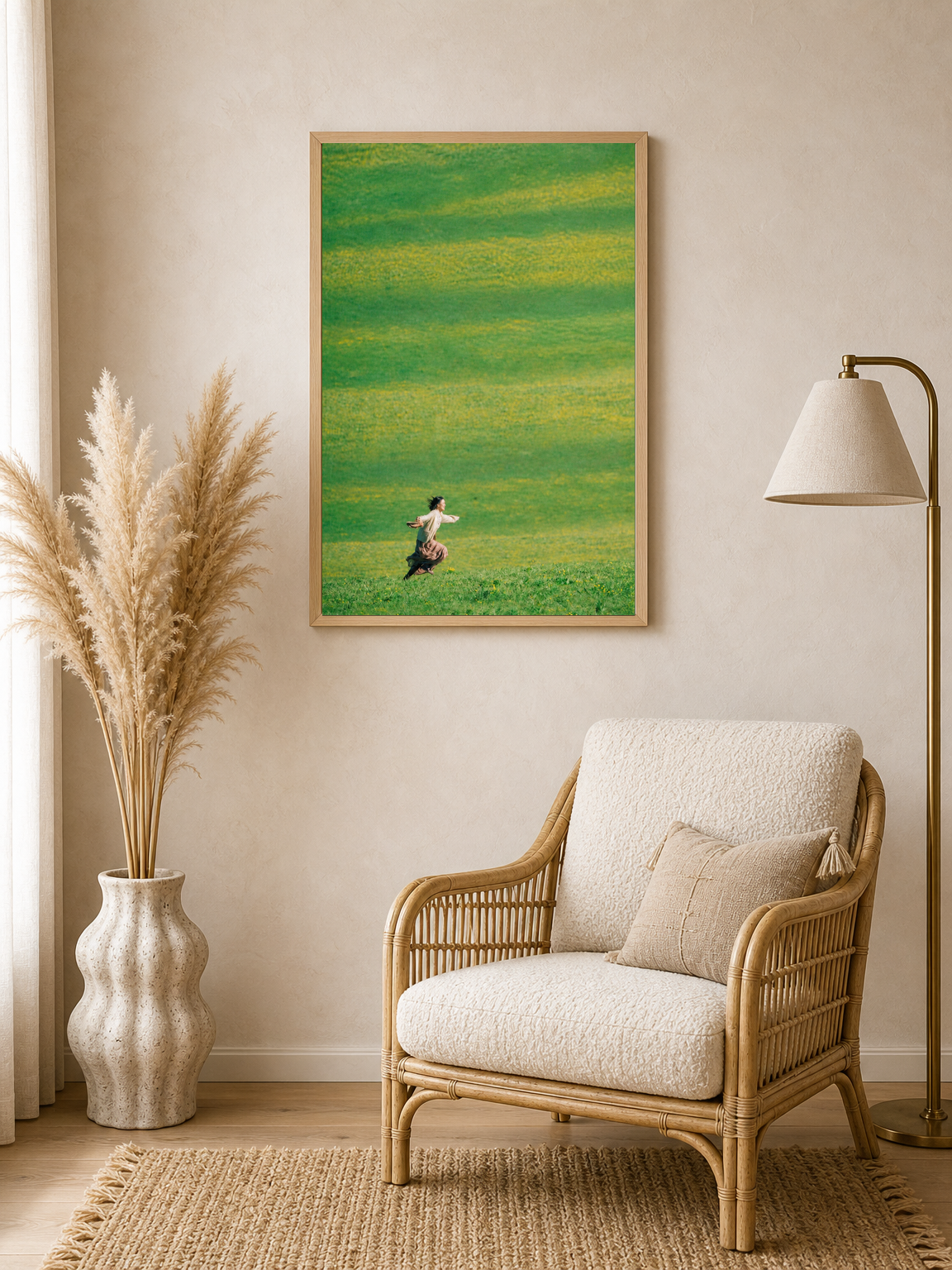 Woman Running in Green Field Wall Art Print - wood framed poster