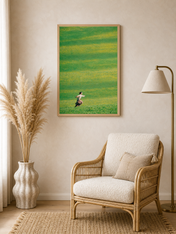 Woman Running in Green Field Wall Art Print - wood framed poster