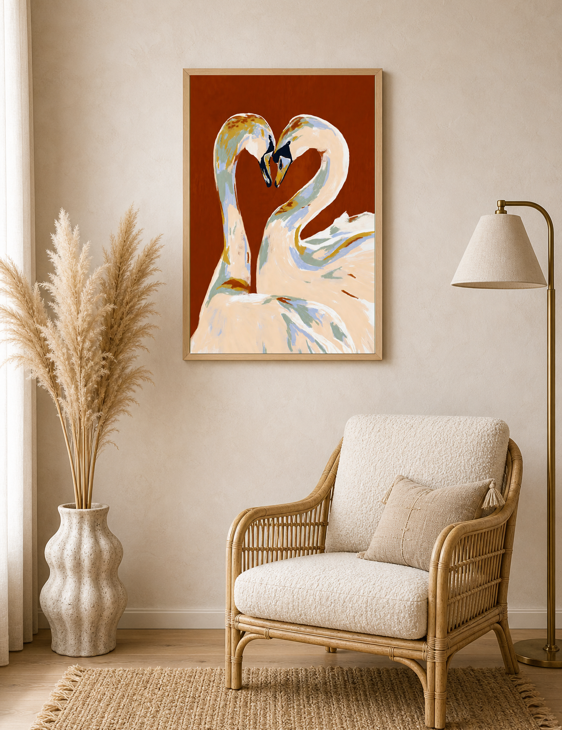 Swan Couple Heart Abstract Wall Art Print - wood framed poster