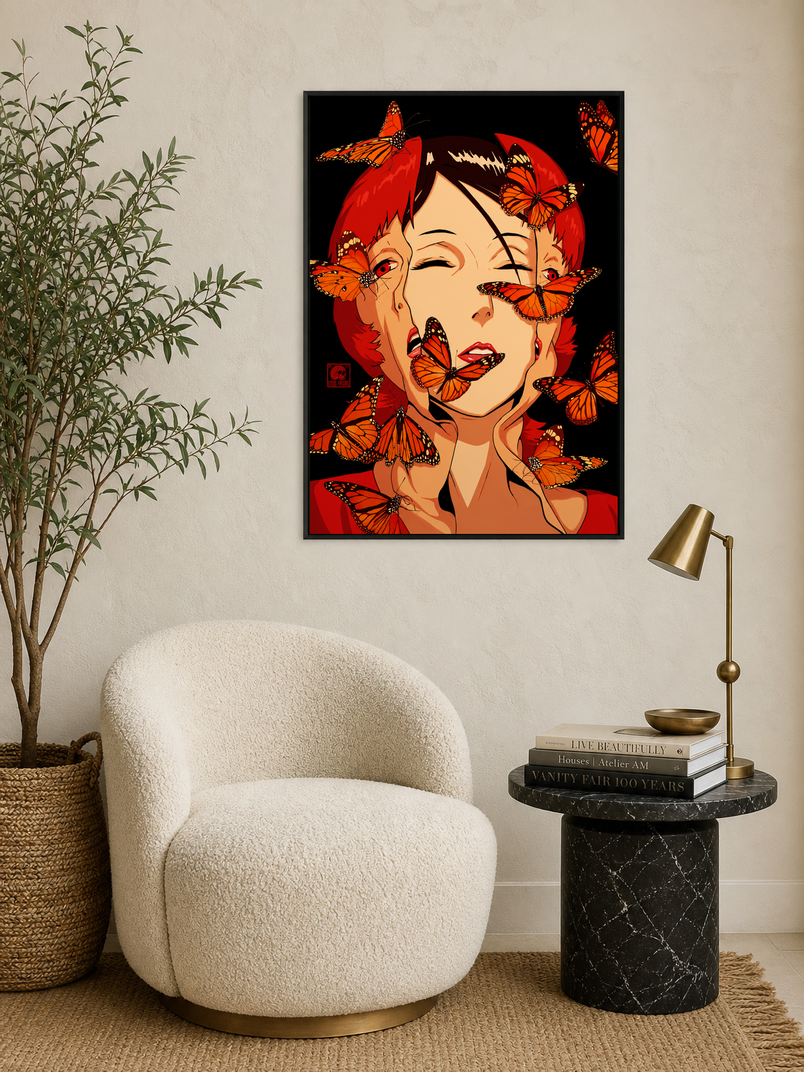 Surreal Butterfly Face Wall Art Print - black framed