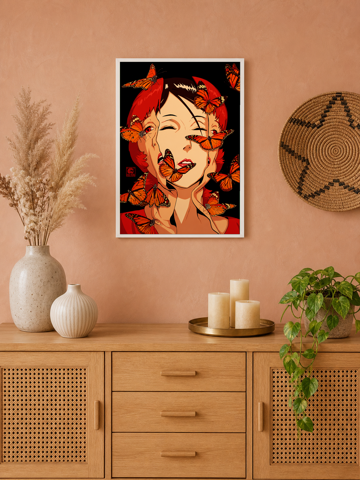 Surreal Butterfly Face Wall Art Print - white framed