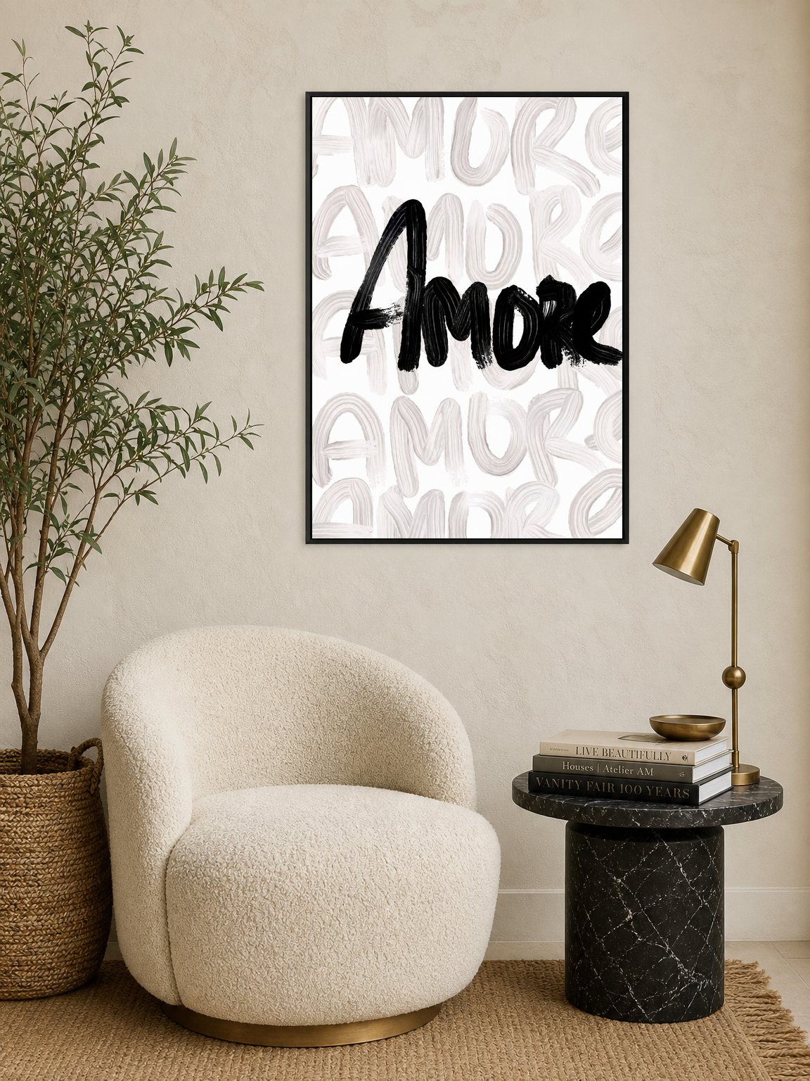 Amore Brush Script Wall Art Print - black framed
