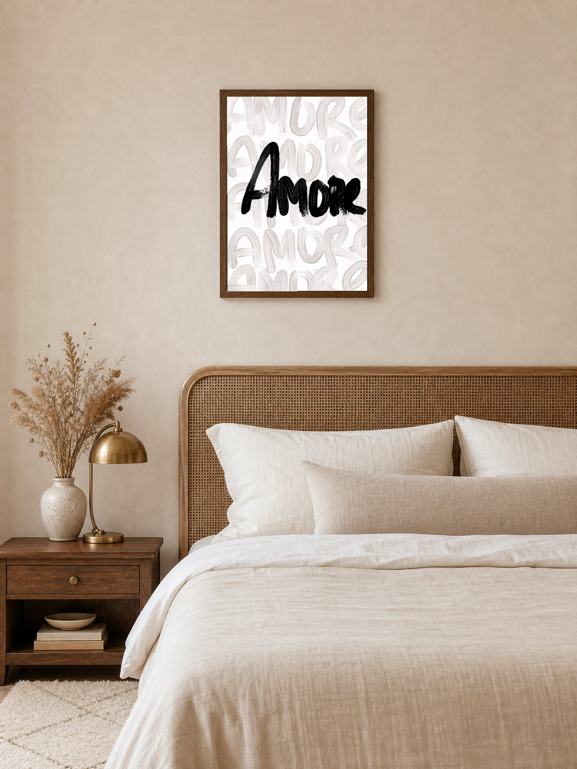 Amore Brush Script Wall Art Print - dark wood framed