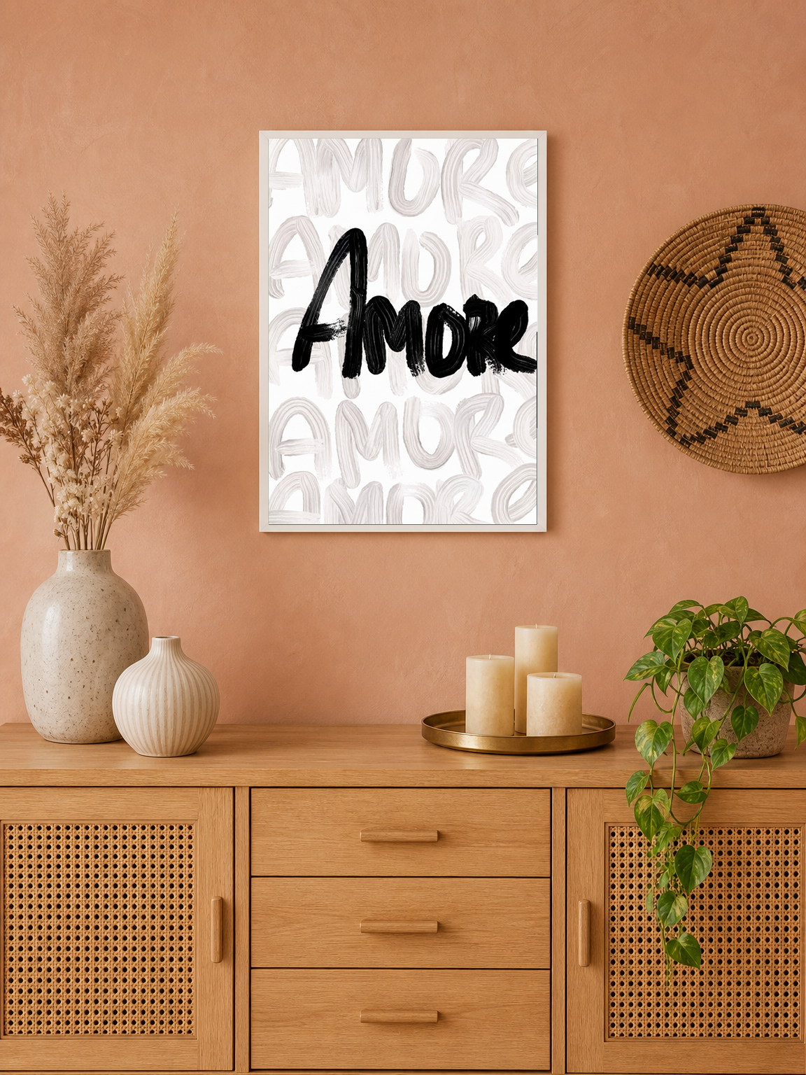 Amore Brush Script Wall Art Print - white framed