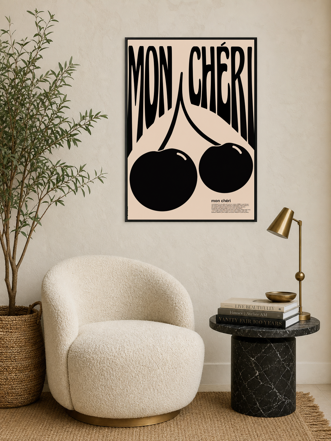 Mon Chéri Cherry Typography Wall Art Print - black framed