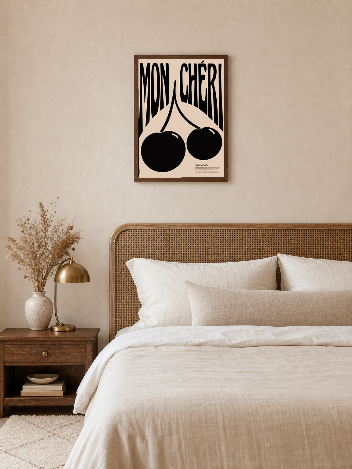 Mon Chéri Cherry Typography Wall Art Print - dark wood framed