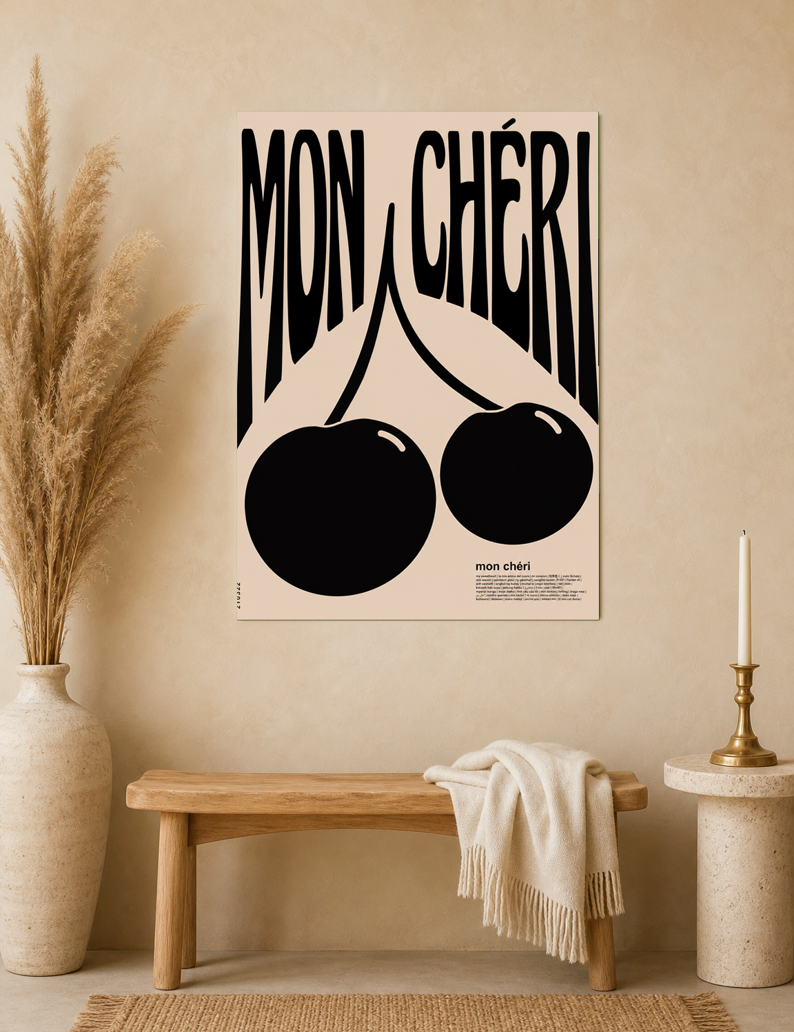 Mon Chéri Cherry Typography Wall Art Print - unframed mockup