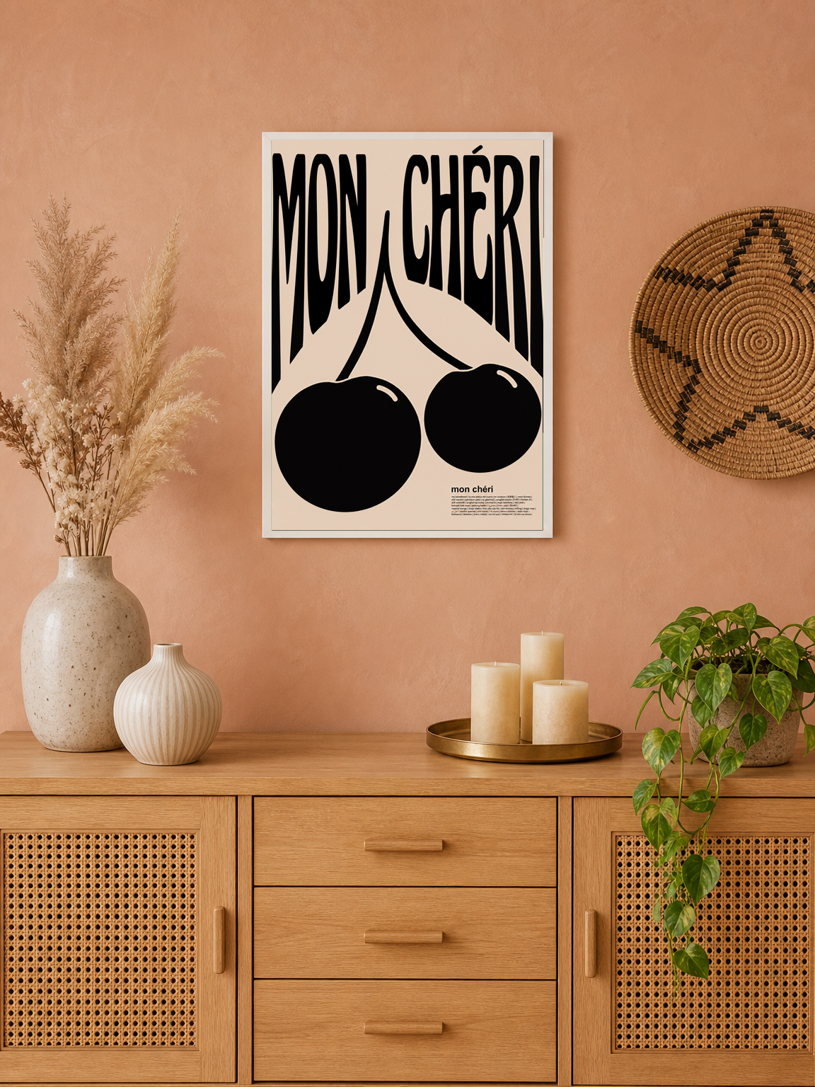 Mon Chéri Cherry Typography Wall Art Print - white framed
