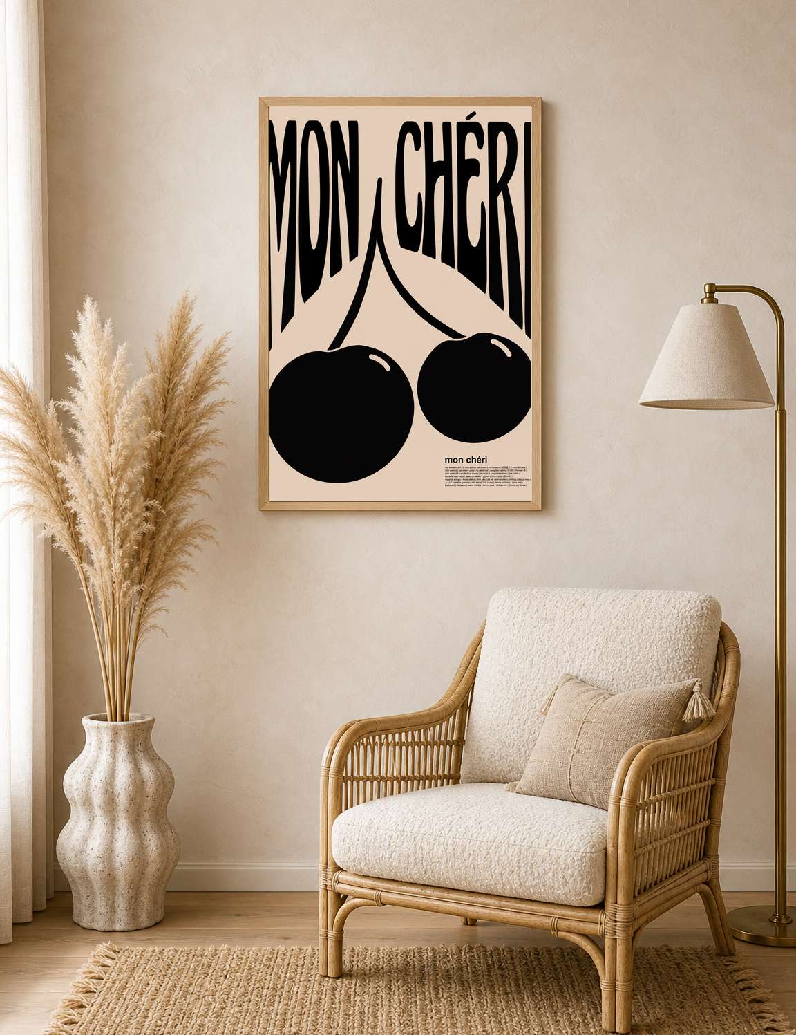 Mon Chéri Cherry Typography Wall Art Print - wood framed poster