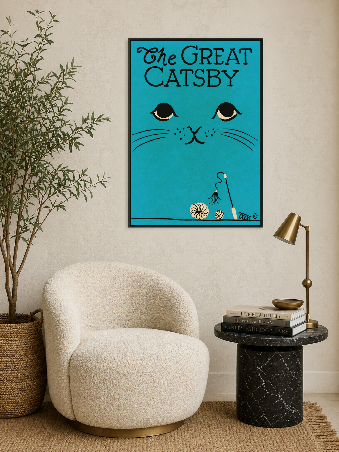 The Great Catsby Retro Teal Cat Wall Art Print - black framed