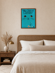 The Great Catsby Retro Teal Cat Wall Art Print - dark wood framed