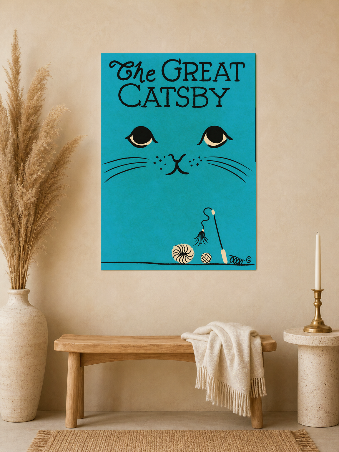The Great Catsby Retro Teal Cat Wall Art Print - unframed mockup