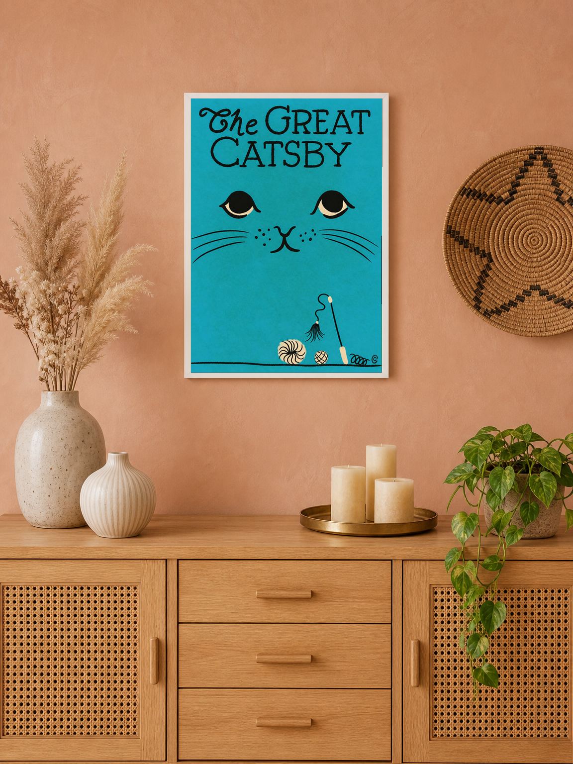 The Great Catsby Retro Teal Cat Wall Art Print - white framed