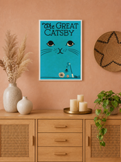 The Great Catsby Retro Teal Cat Wall Art Print - white framed