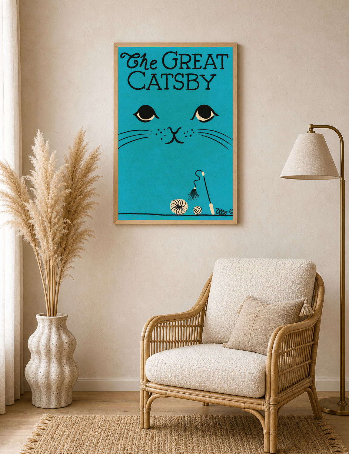 The Great Catsby Retro Teal Cat Wall Art Print - wood framed poster