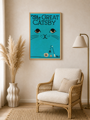 The Great Catsby Retro Teal Cat Wall Art Print - wood framed poster