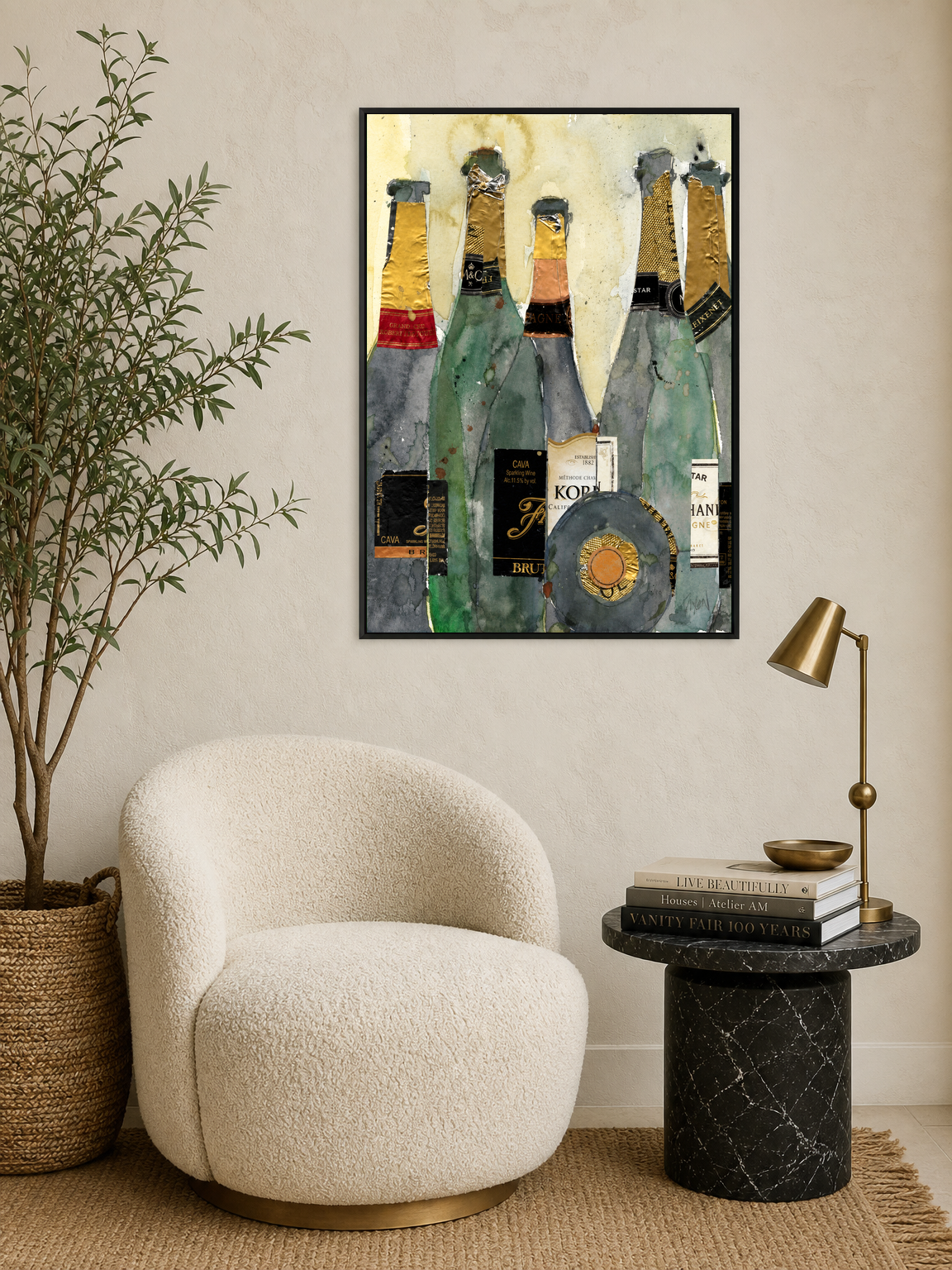 Champagne Bottles Collage Wall Art Print - black framed