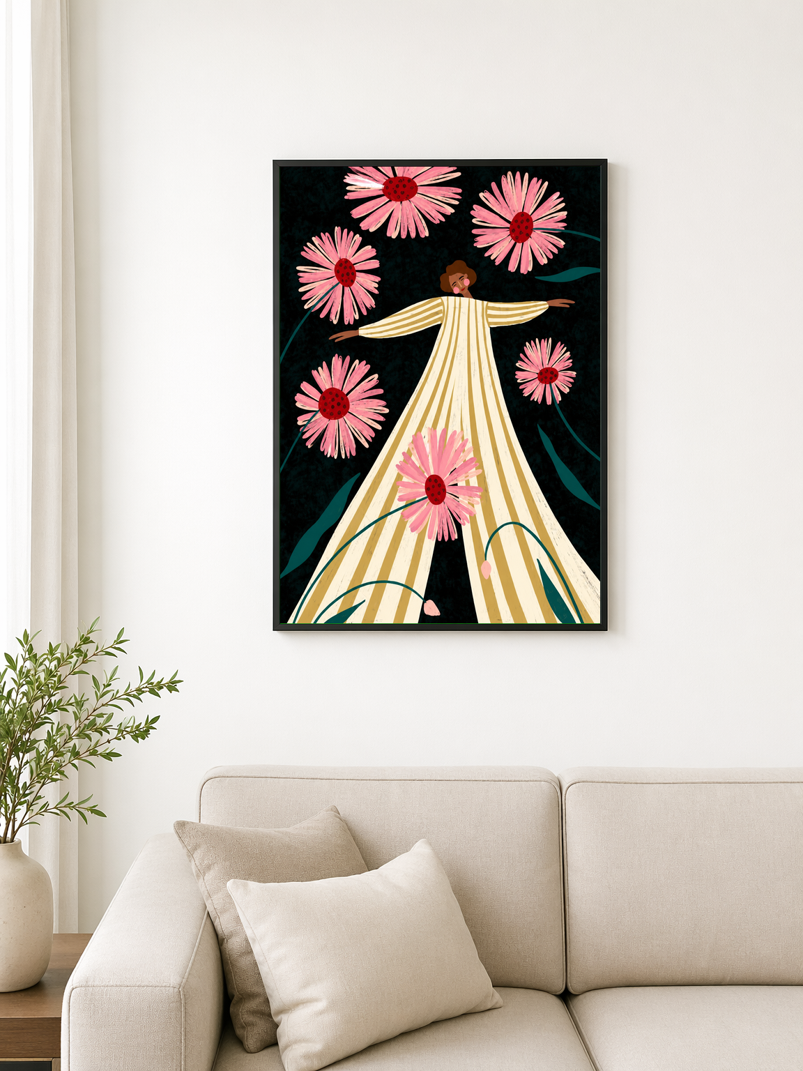 Woman in Striped Dress with Pink Daisies Wall Art Print - black framed
