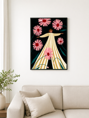 Woman in Striped Dress with Pink Daisies Wall Art Print - black framed