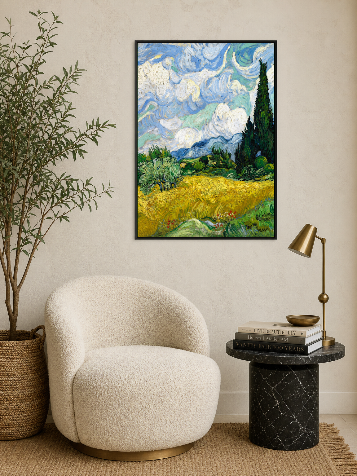 Cypress Field Landscape Wall Art Print - black framed