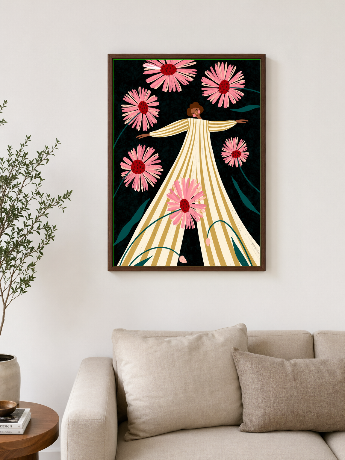 Woman in Striped Dress with Pink Daisies Wall Art Print - dark wood framed