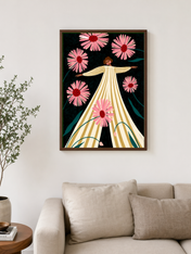 Woman in Striped Dress with Pink Daisies Wall Art Print - dark wood framed