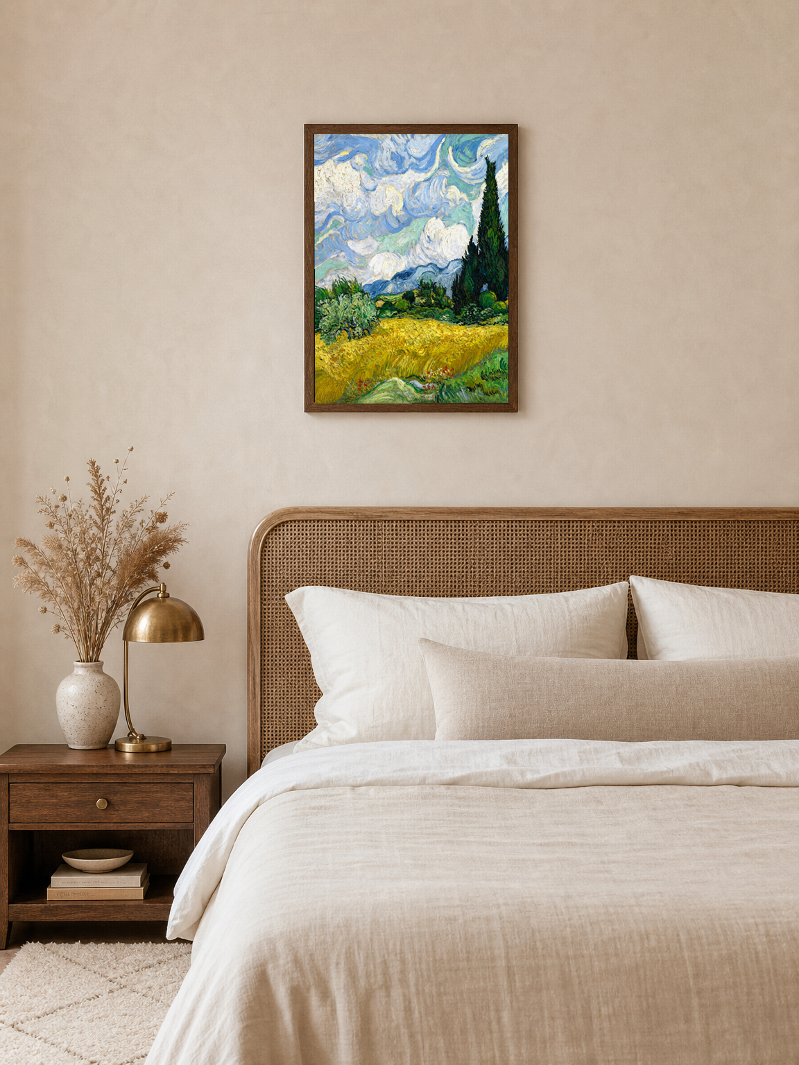 Cypress Field Landscape Wall Art Print - dark wood framed