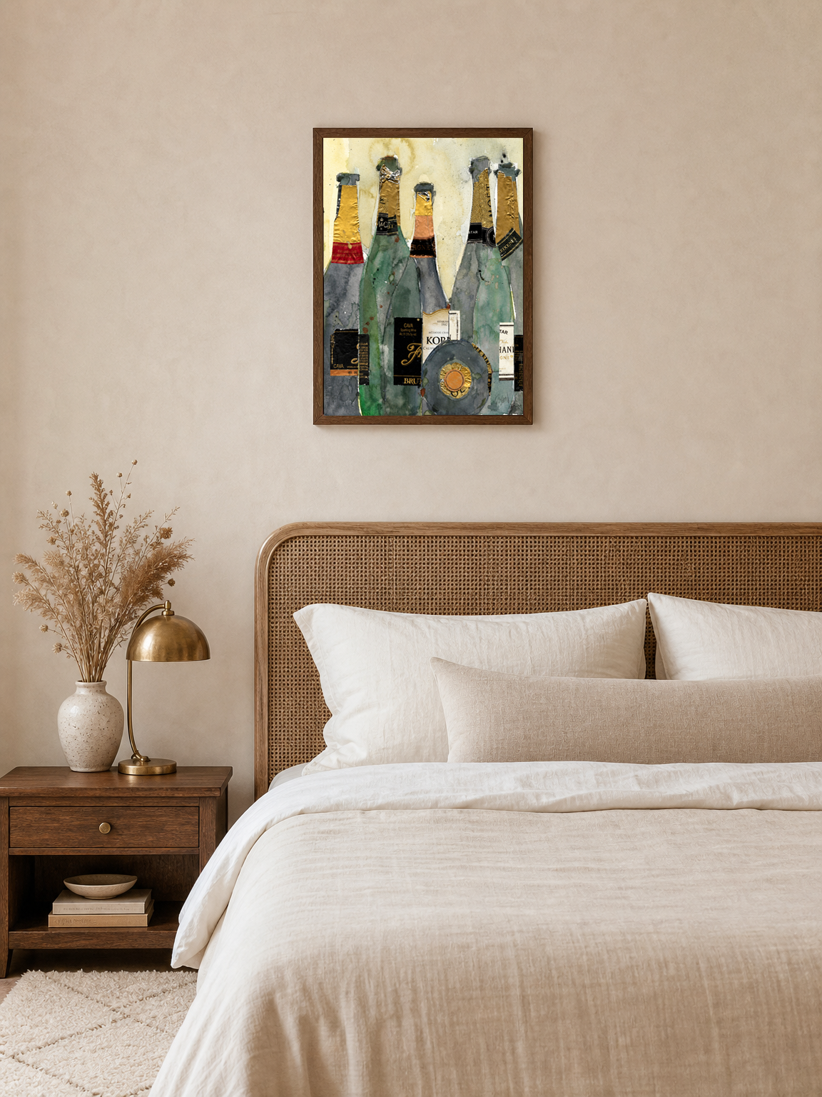 Champagne Bottles Collage Wall Art Print - dark wood framed