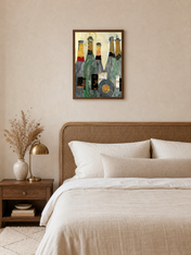 Champagne Bottles Collage Wall Art Print - dark wood framed