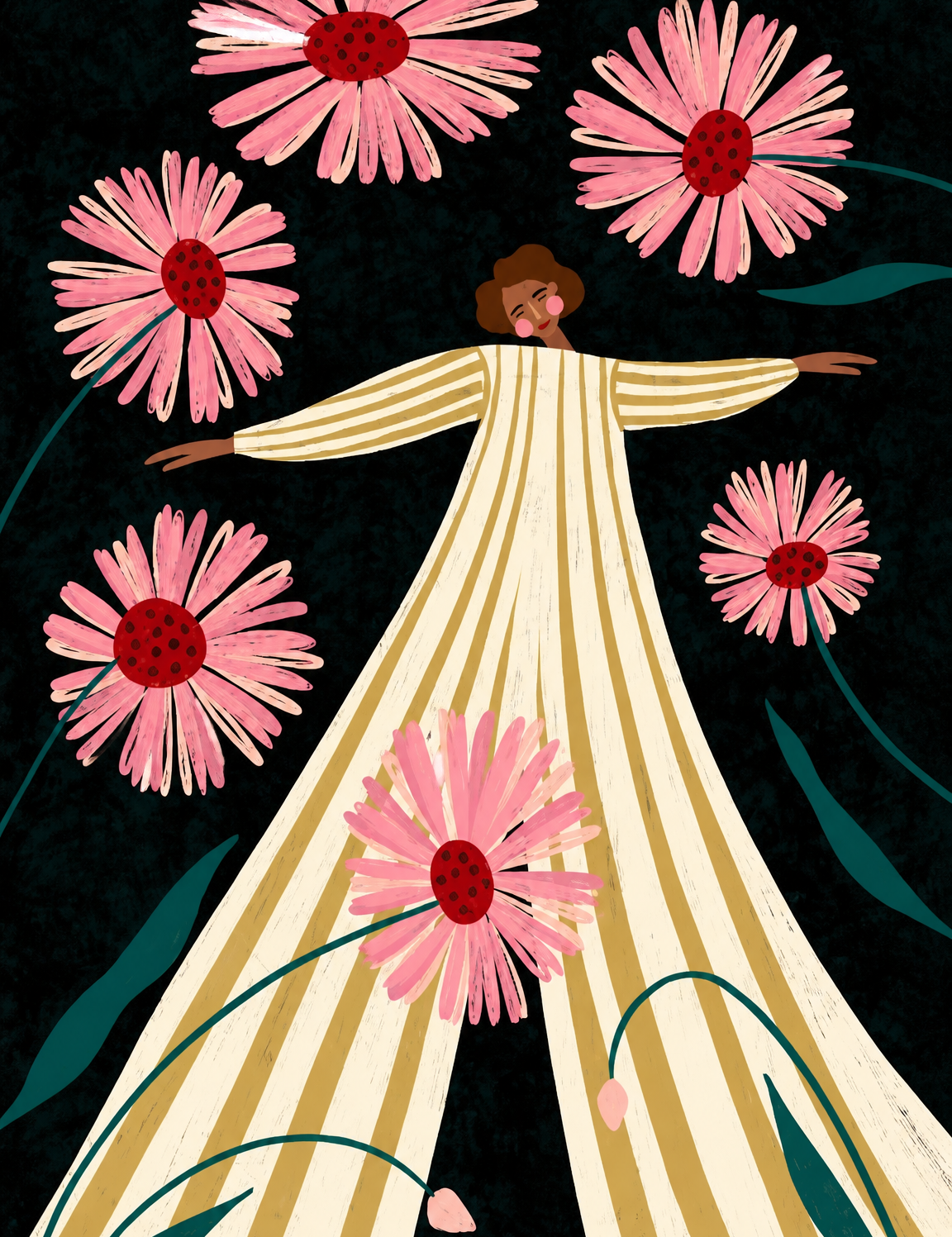 Woman in Striped Dress with Pink Daisies Wall Art Print - unframed