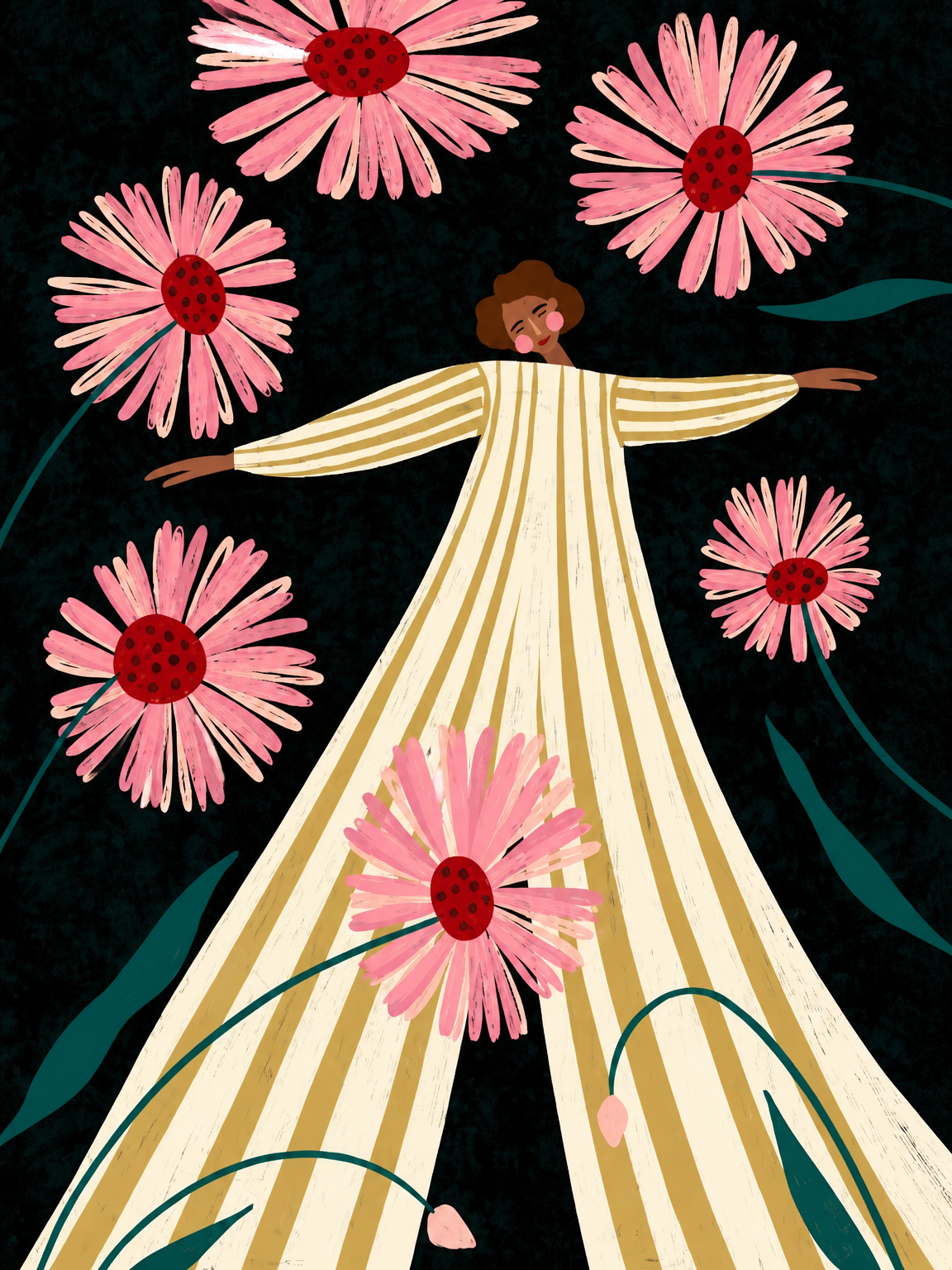 Woman in Striped Dress with Pink Daisies Wall Art Print - unframed