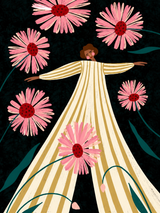 Woman in Striped Dress with Pink Daisies Wall Art Print