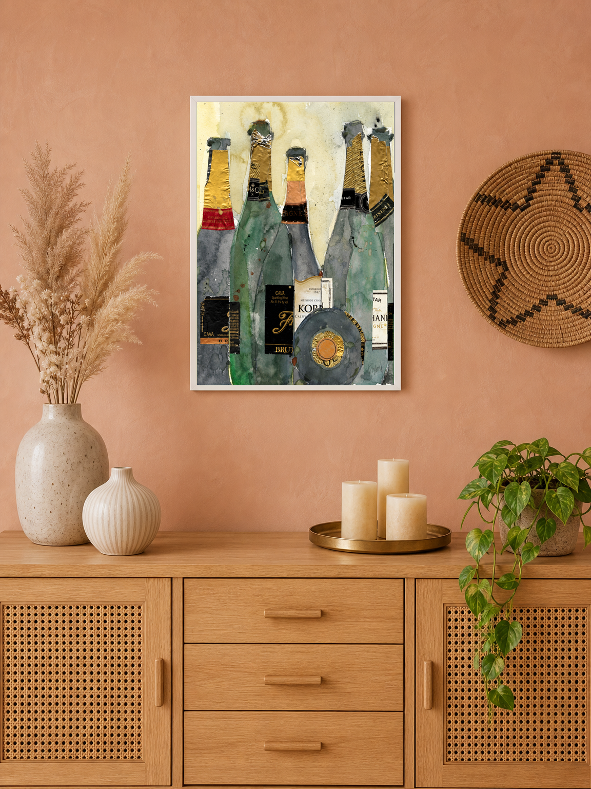 Champagne Bottles Collage Wall Art Print - white framed