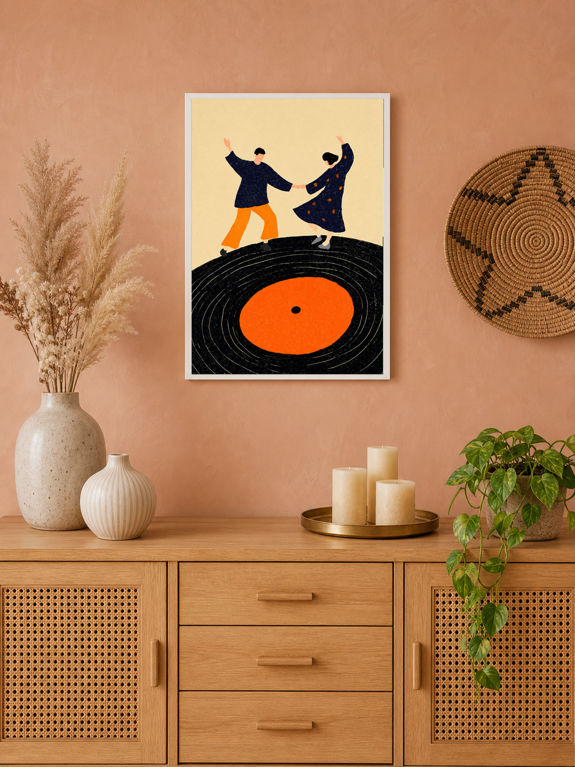Couple Dancing on Vinyl Record Wall Art Print - white framed