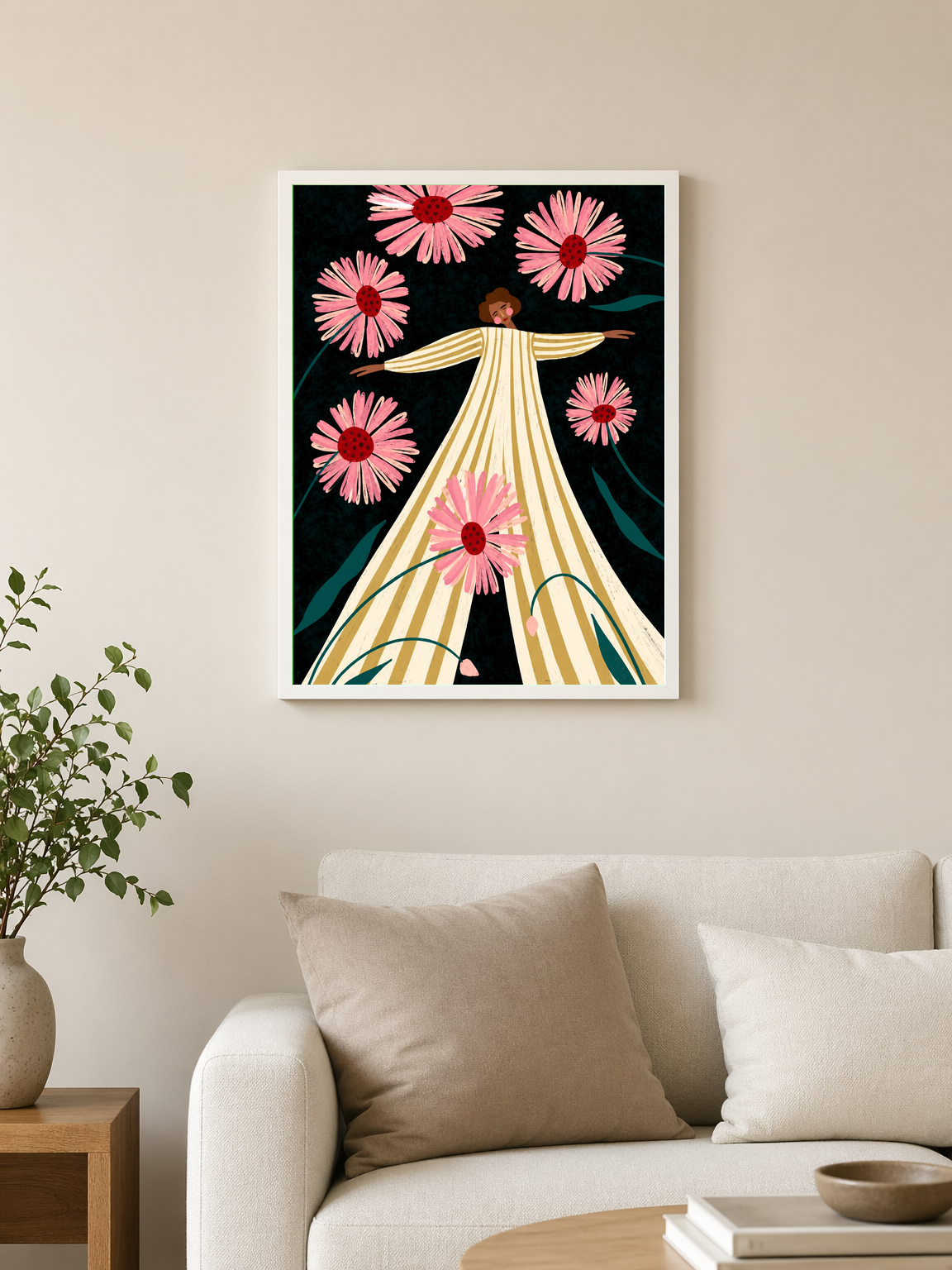 Woman in Striped Dress with Pink Daisies Wall Art Print - white framed