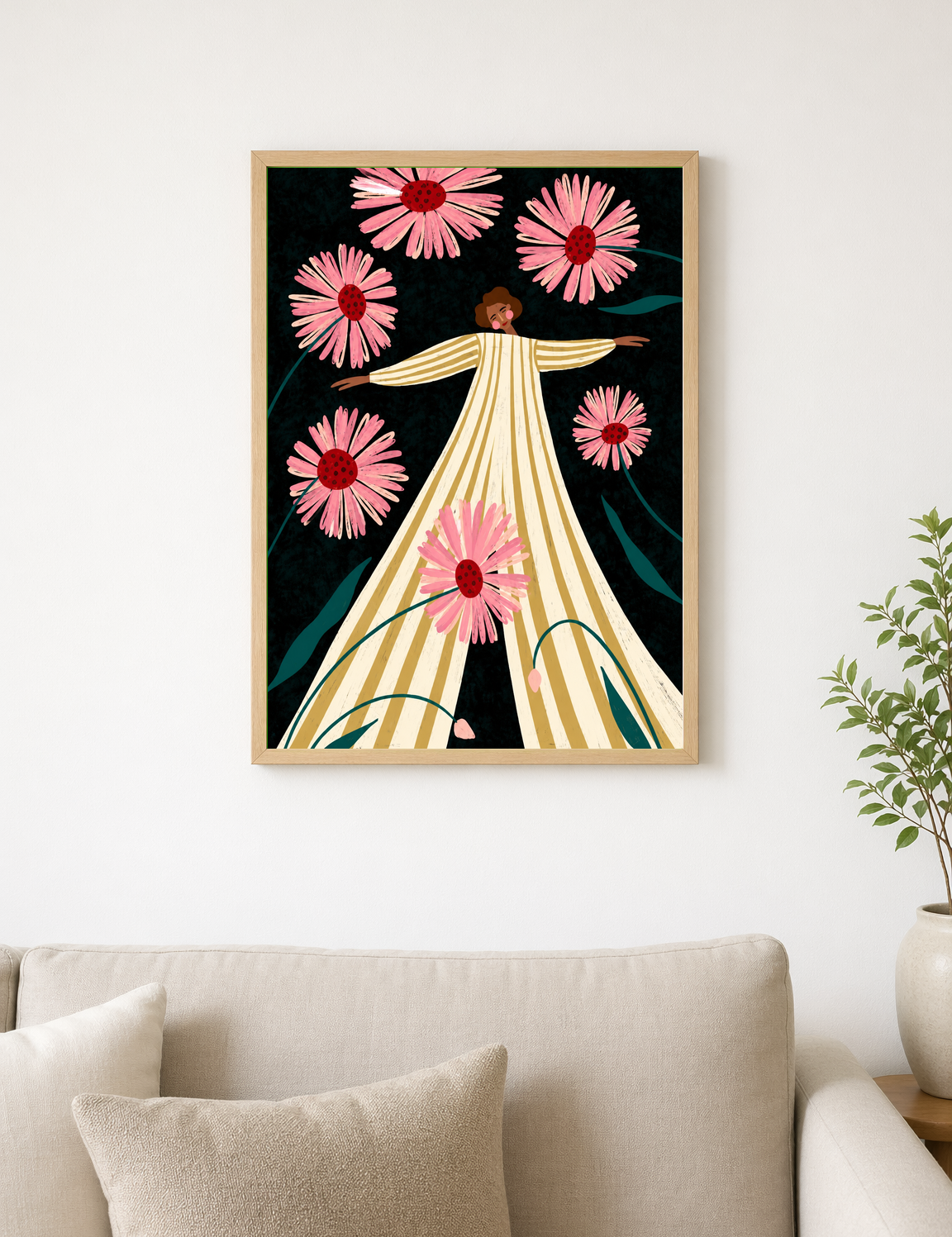 Woman in Striped Dress with Pink Daisies Wall Art Print - wood framed poster