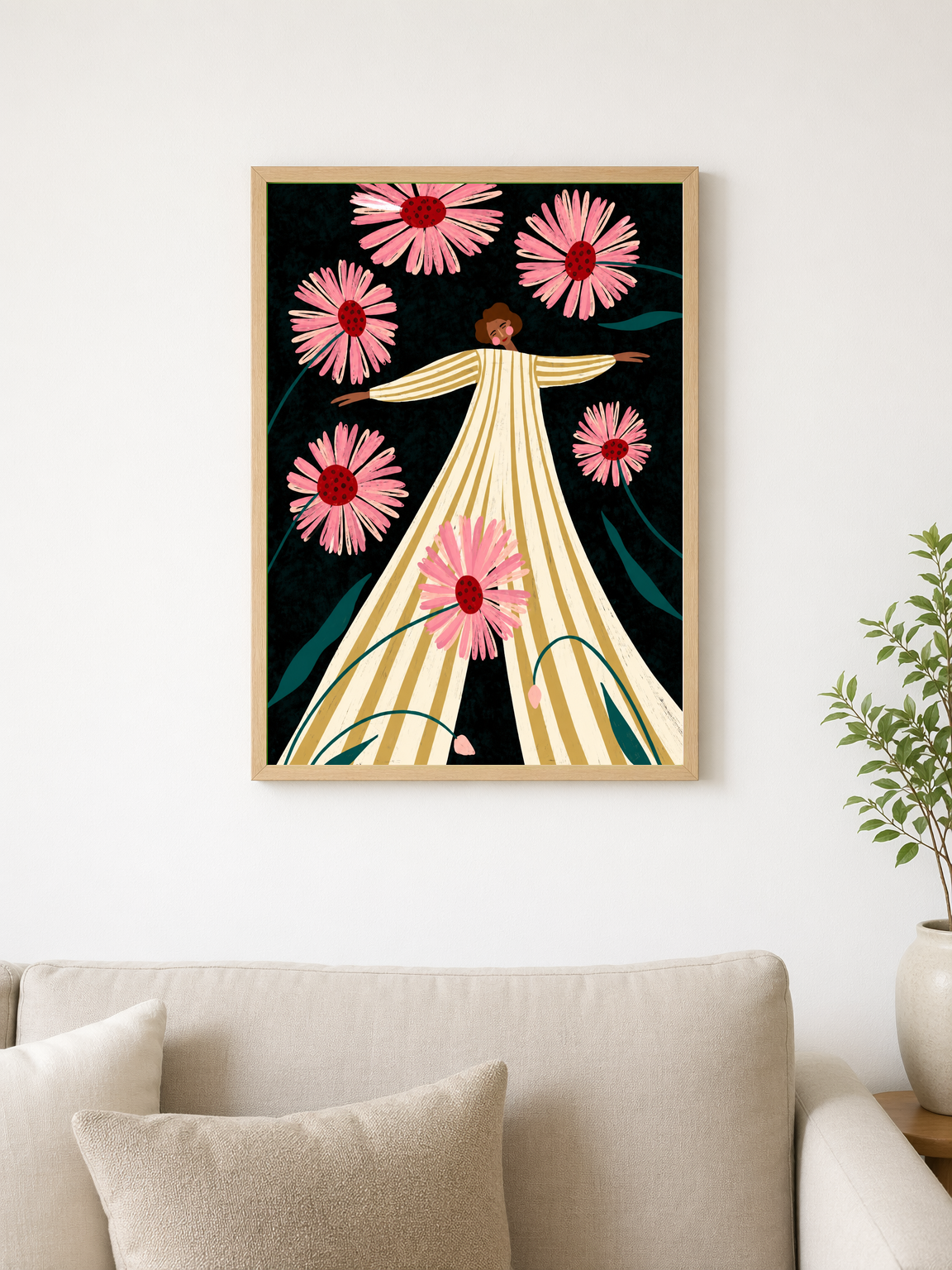 Woman in Striped Dress with Pink Daisies Wall Art Print - wood framed poster