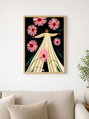Woman in Striped Dress with Pink Daisies Wall Art Print - wood framed poster