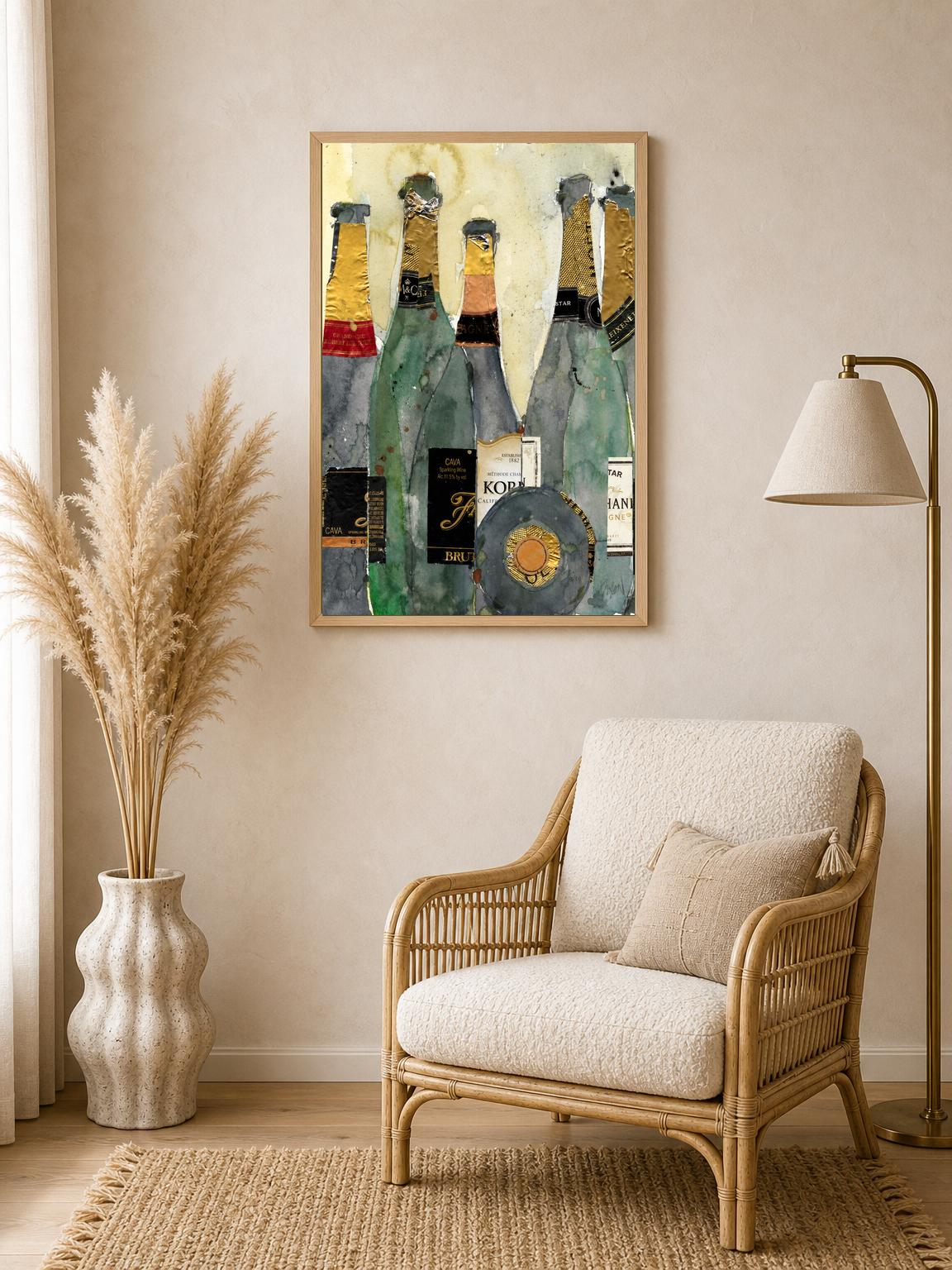 Champagne Bottles Collage Wall Art Print - wood framed poster