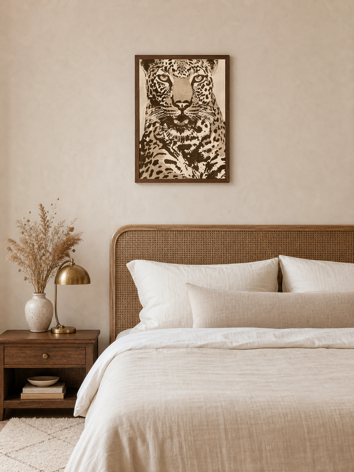 Leopard Portrait Neutral Safari Wall Art Print - dark wood framed