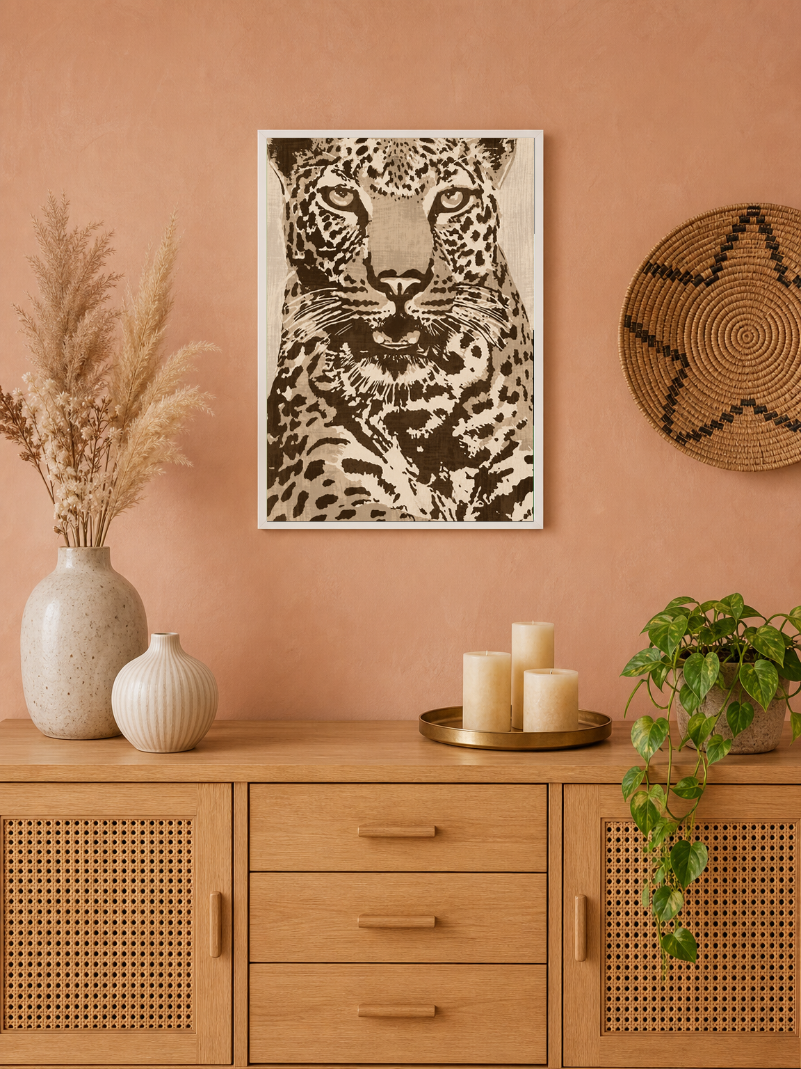 Leopard Portrait Neutral Safari Wall Art Print - white framed