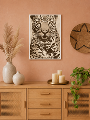 Leopard Portrait Neutral Safari Wall Art Print - white framed