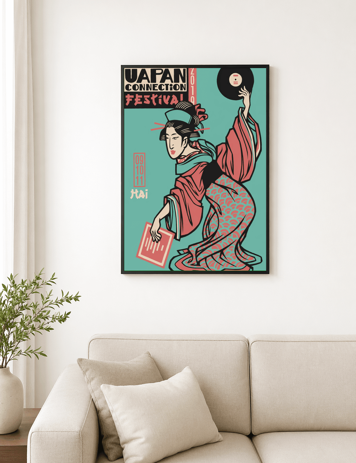 Japanese DJ Festival Geisha Wall Art Print - black framed
