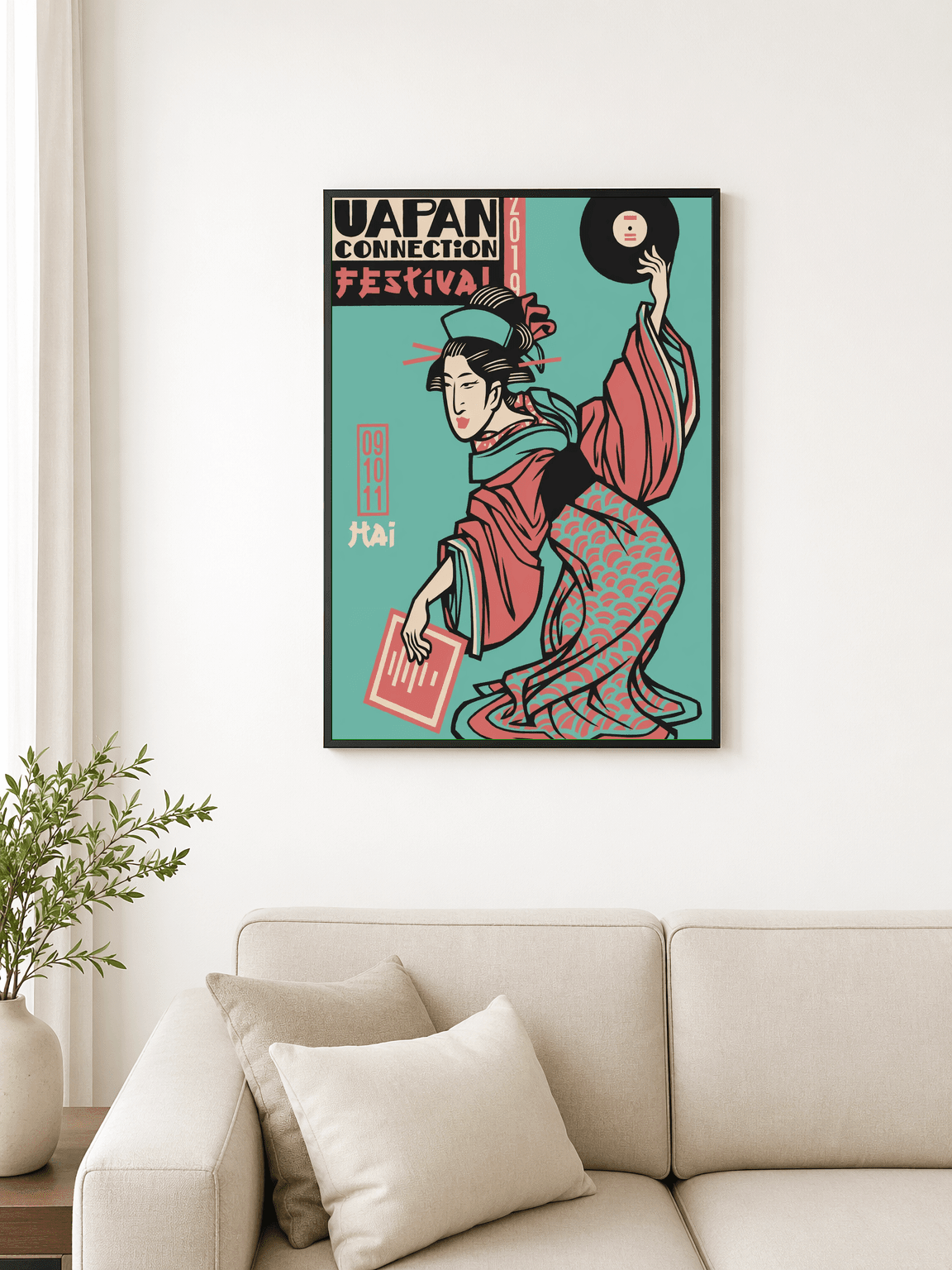 Japanese DJ Festival Geisha Wall Art Print - black framed