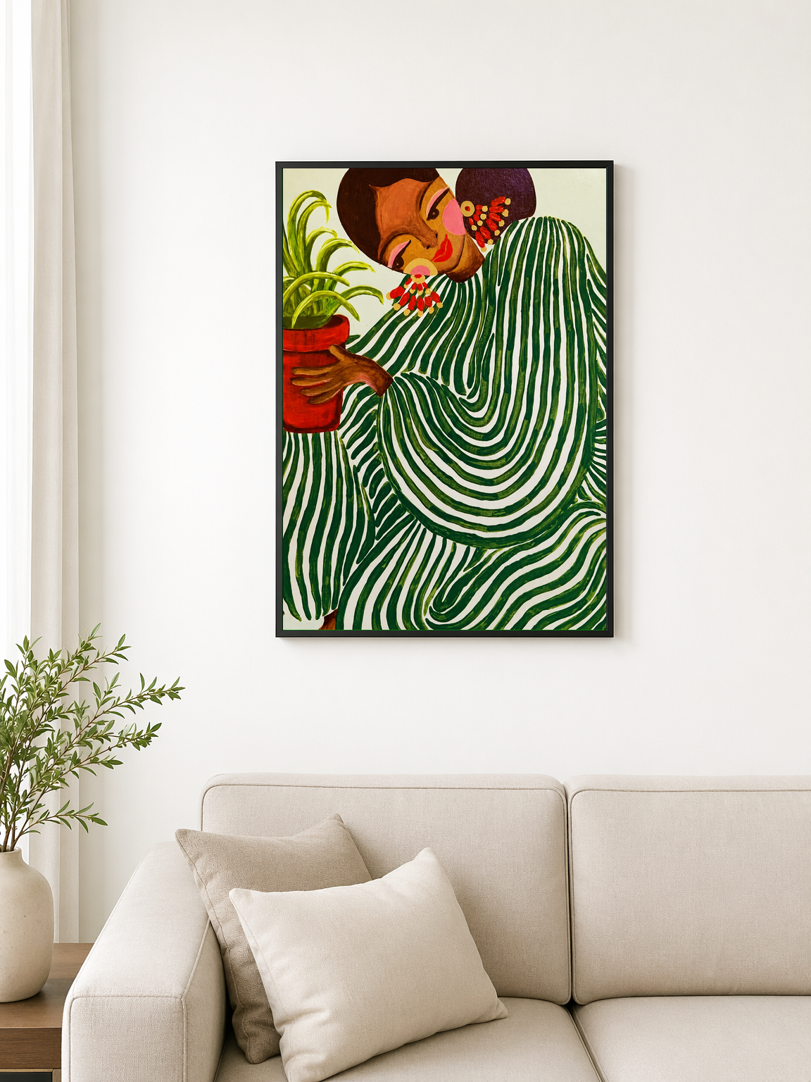 Green Striped Woman with Plant Wall Art Print - black framed
