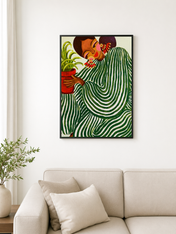 Green Striped Woman with Plant Wall Art Print - black framed