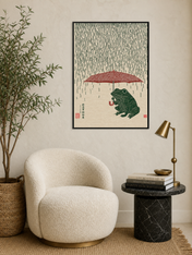 Japanese Frog with Umbrella Rain Wall Art Print - black framed