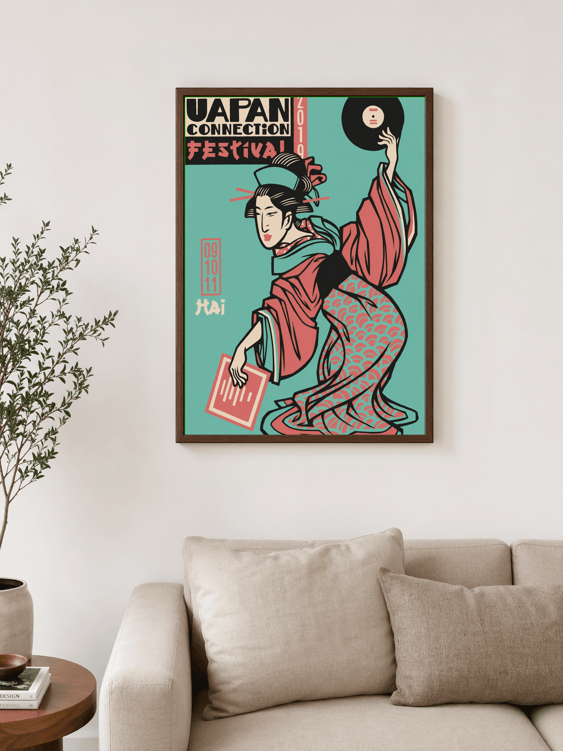 Japanese DJ Festival Geisha Wall Art Print - dark wood framed
